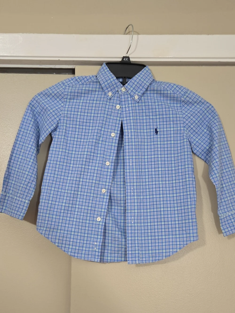 Ralph Lauren Boys Light Blue, Green & White Plaid Button-Down Shirt Size 5